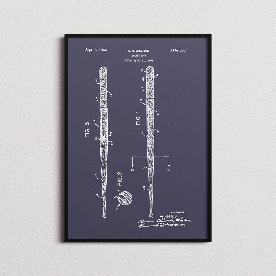 Drum Stick Patent Print in the navy colourway, framed