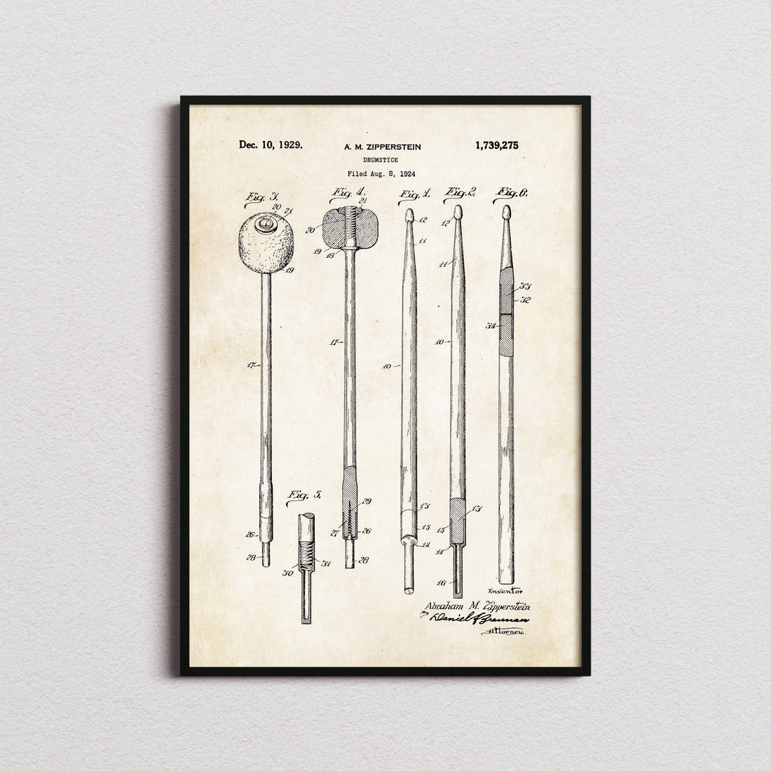 Drumstick Patent Print in the aged paper colourway, framed