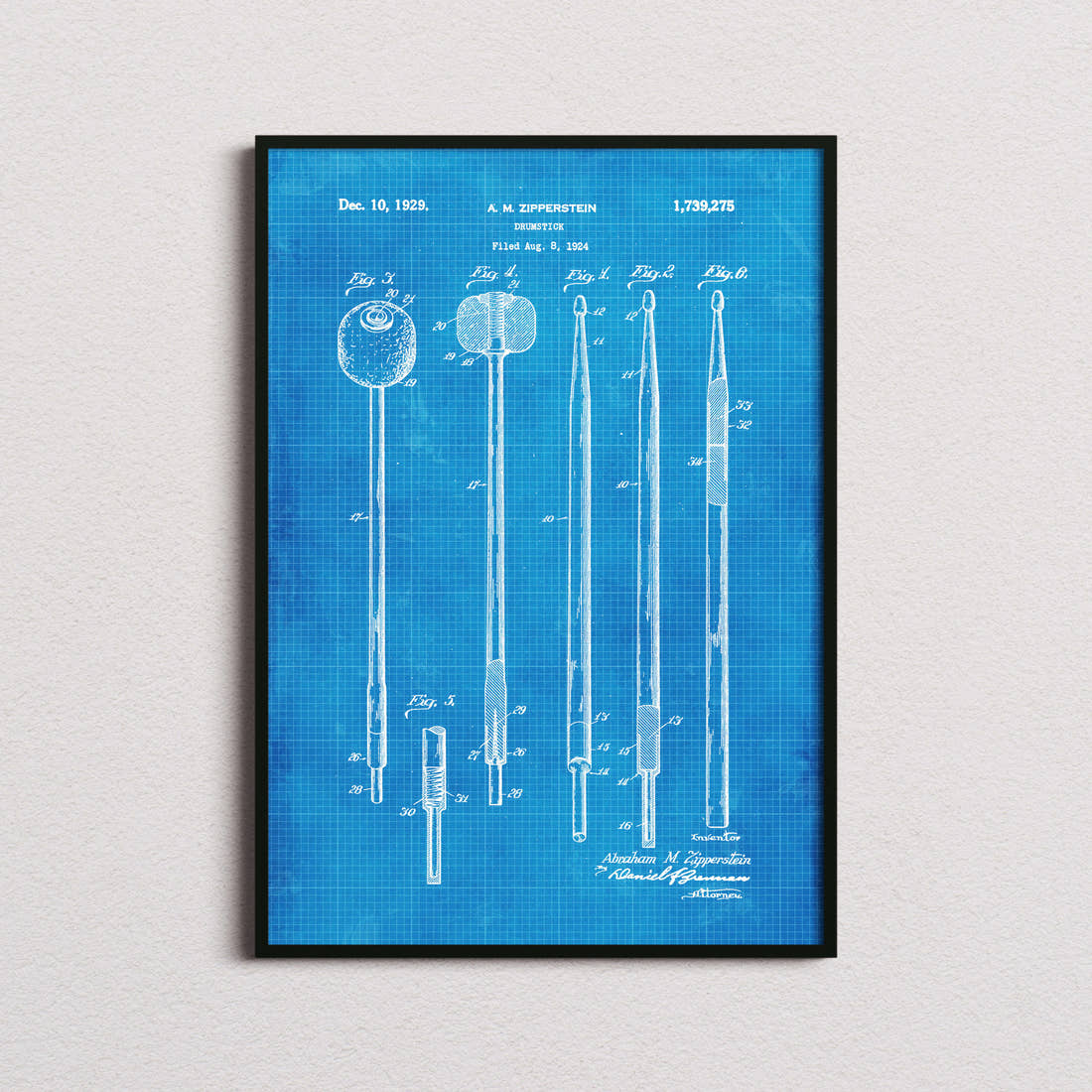 Drumstick Patent Print in the blueprint colourway, framed