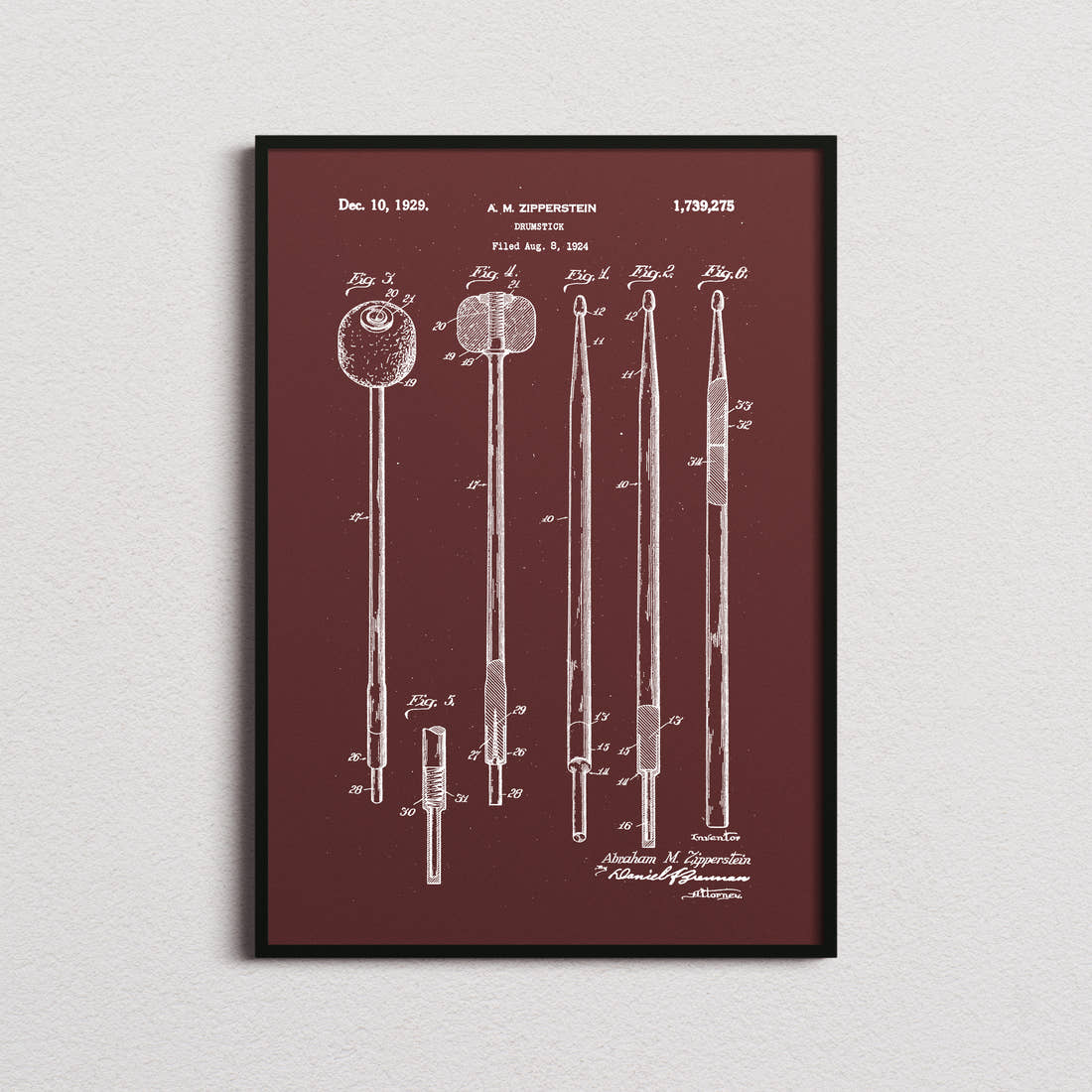 Drumstick Patent Print in the burgundy colourway, framed