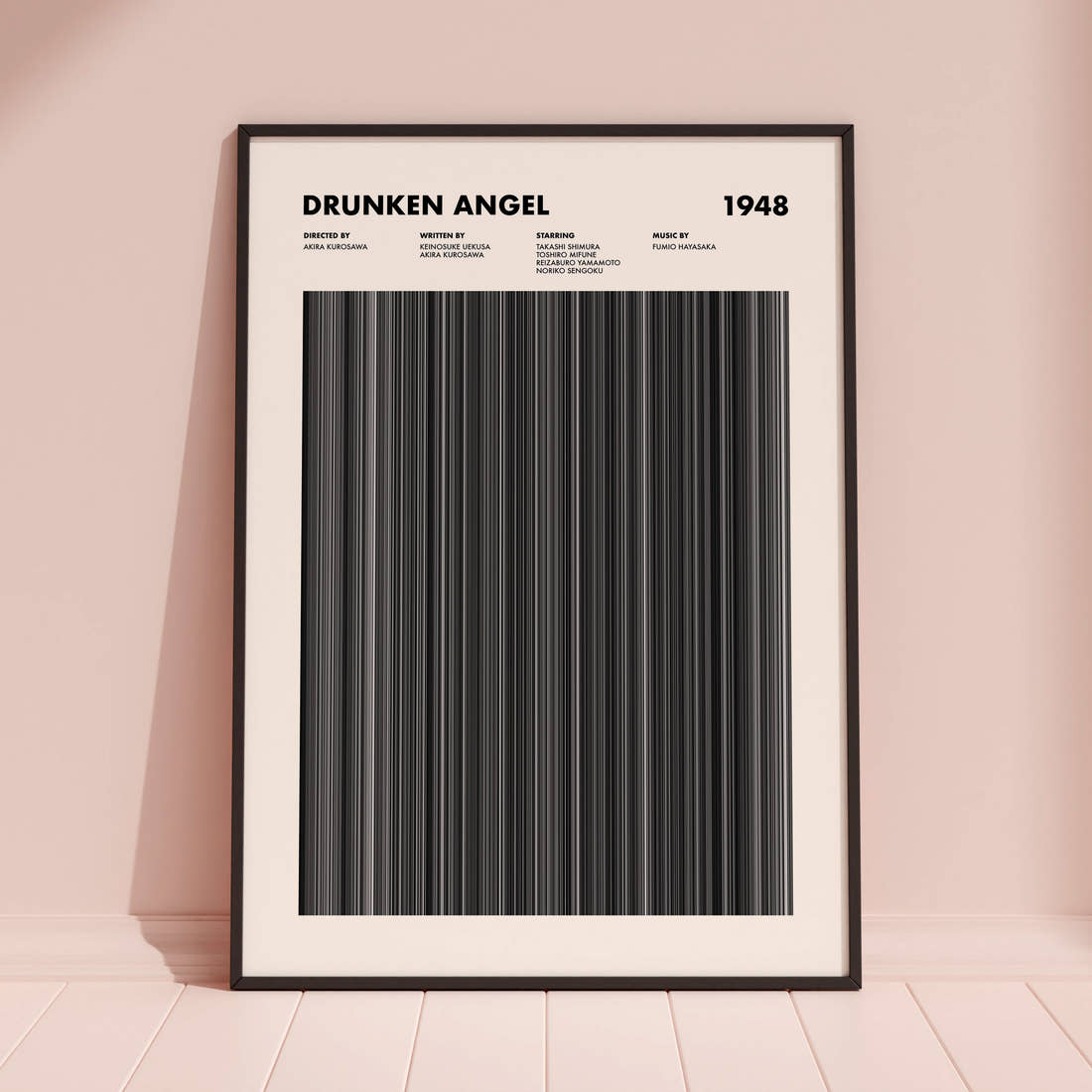 Drunken Angel Movie Barcode Poster framed and leaning against a coloured wall