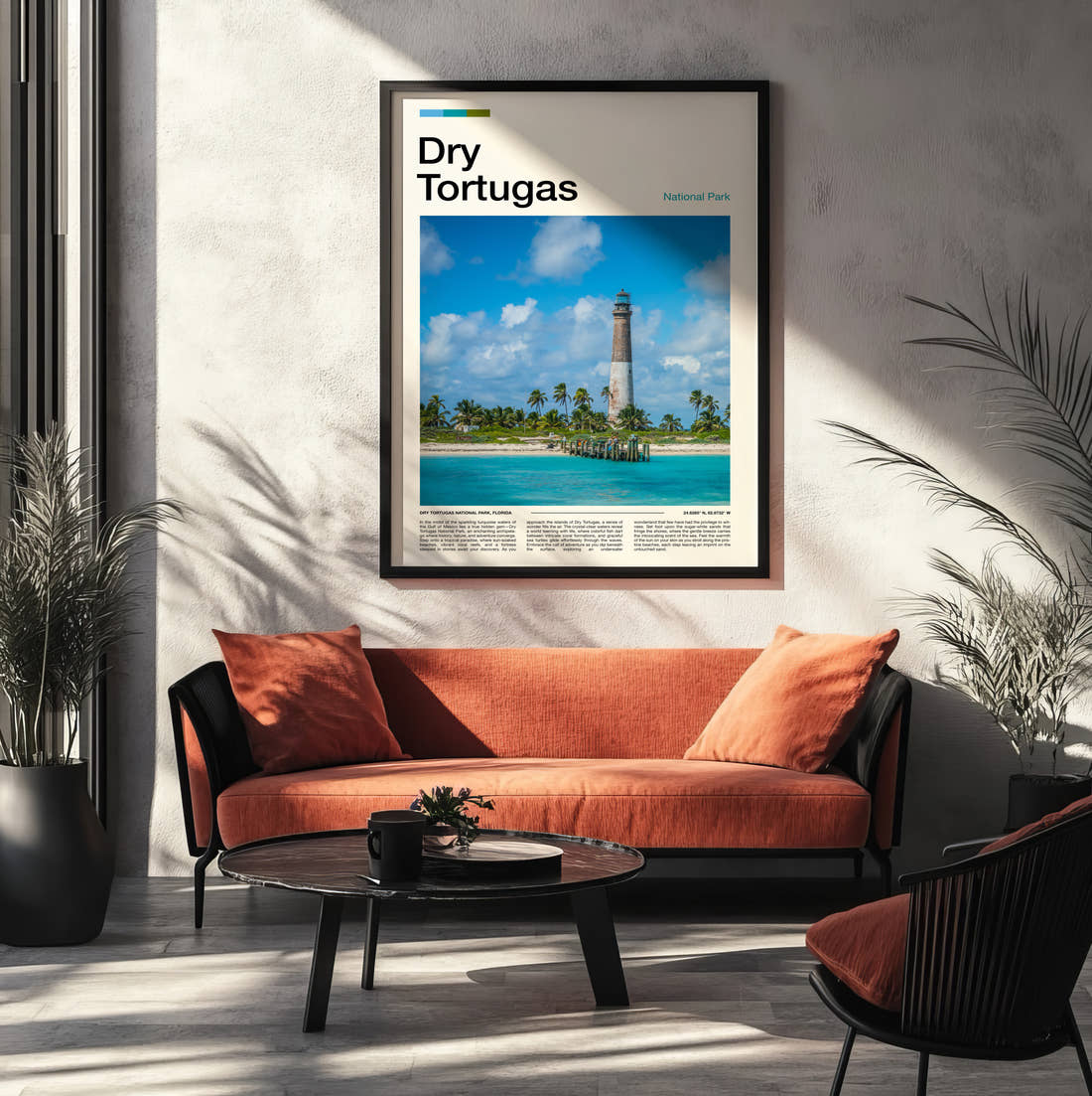 Dry Tortugas Travel Print framed on the wall of a modern living room