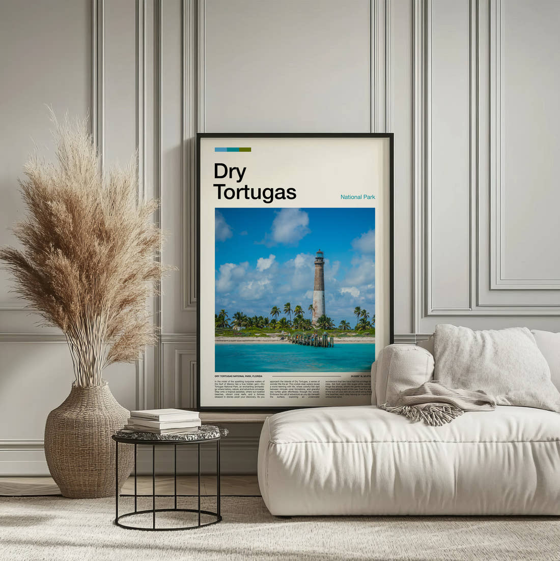 Dry Tortugas Travel Print framed on the wall of a calm, neutral bedroom