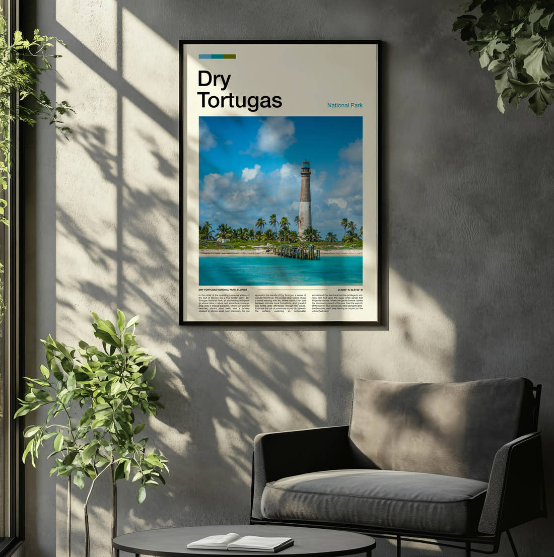 Dry Tortugas Travel Print framed on the wall of a relaxed living room