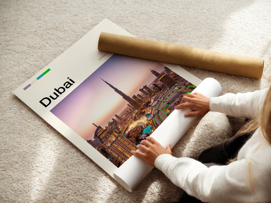 Dubai Burj Khalifa At Dusk Travel Print being unrolled from its postal tube
