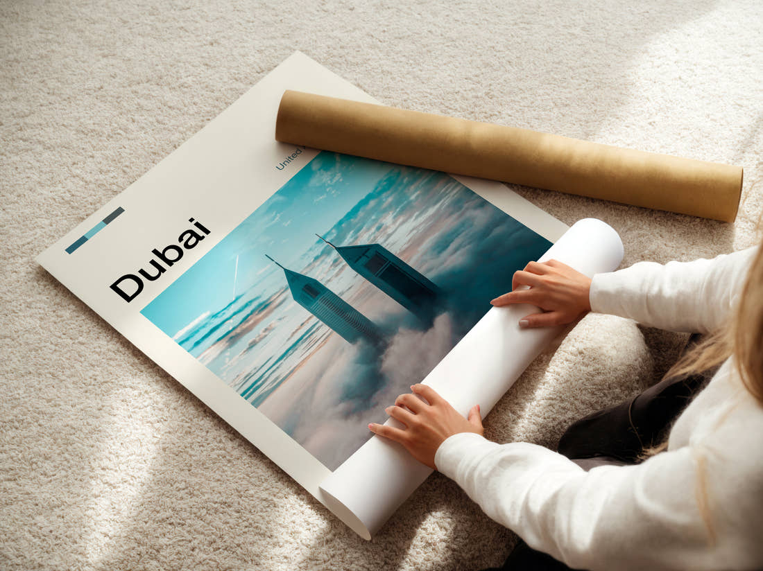 Dubai Towers Above The Clouds Travel Print being unrolled from its postal tube