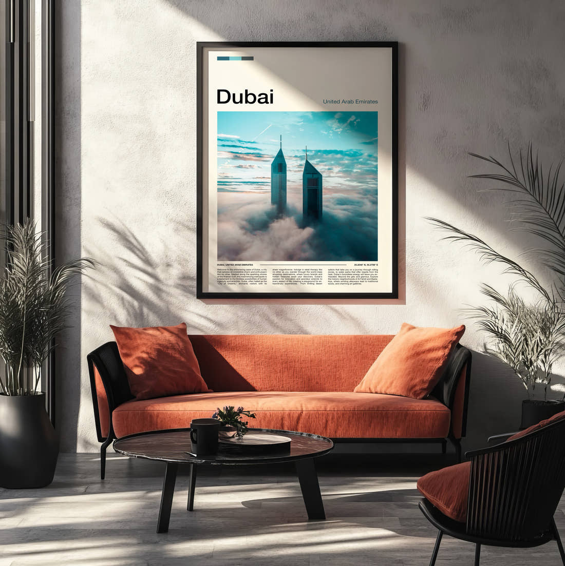 Dubai Towers Above The Clouds Travel Print framed on the wall of a modern living room