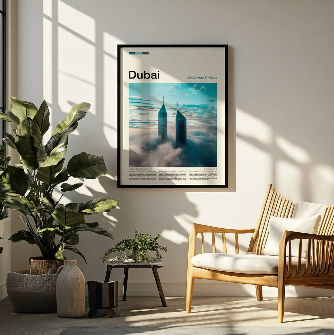 Dubai Towers Above The Clouds Travel Print framed on a pale wall beside houseplants