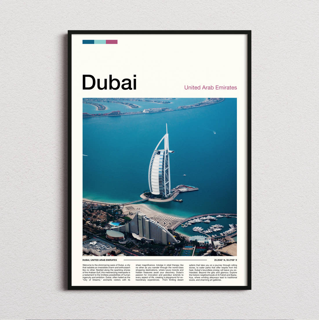 Dubai Burj Al Arab Travel Print framed and photographed straight on