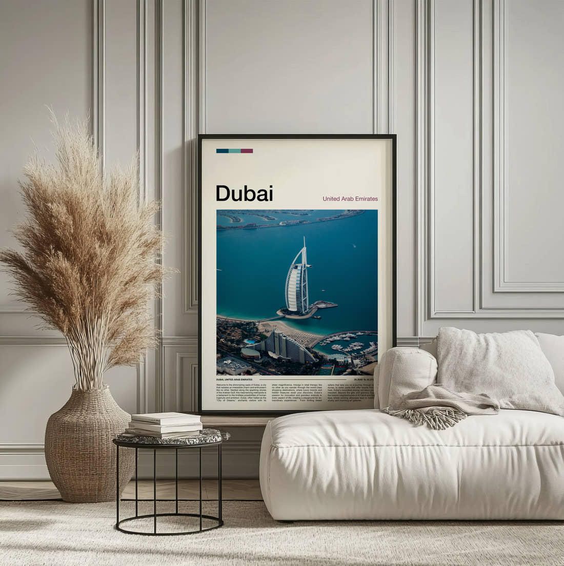 Dubai Burj Al Arab Travel Print framed on the wall of a calm, neutral bedroom