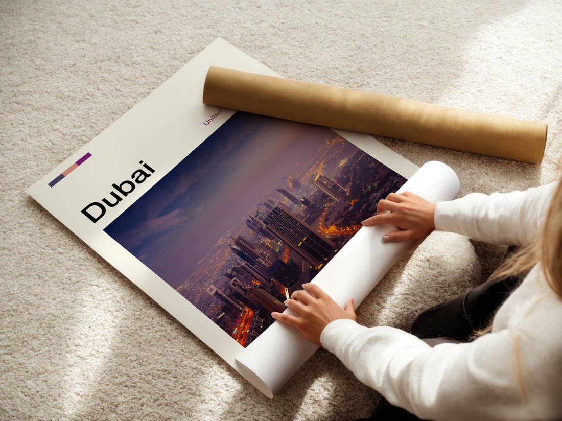 Dubai Night Skyline Travel Print being unrolled from its postal tube
