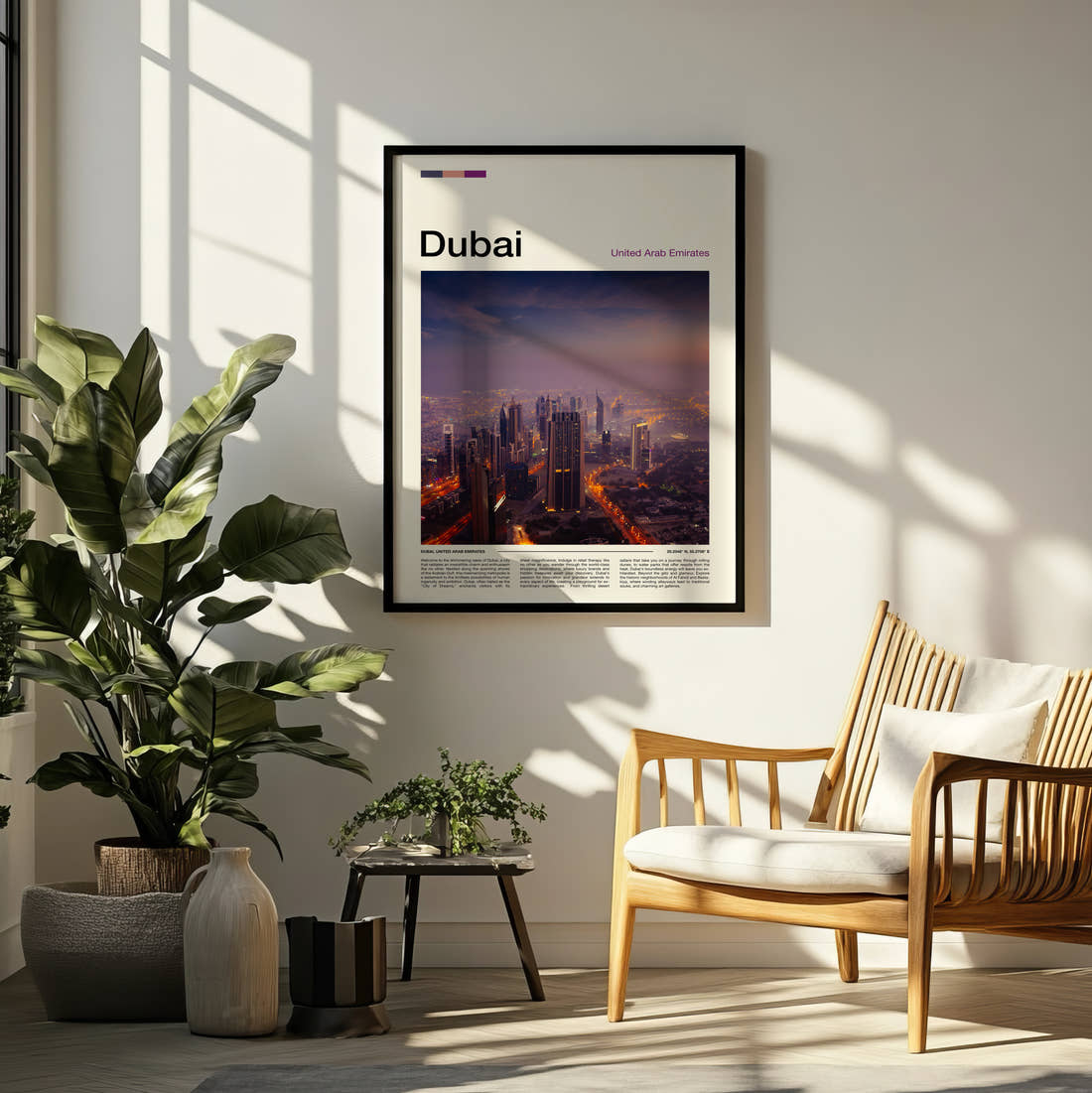 Dubai Night Skyline Travel Print framed on a pale wall beside houseplants