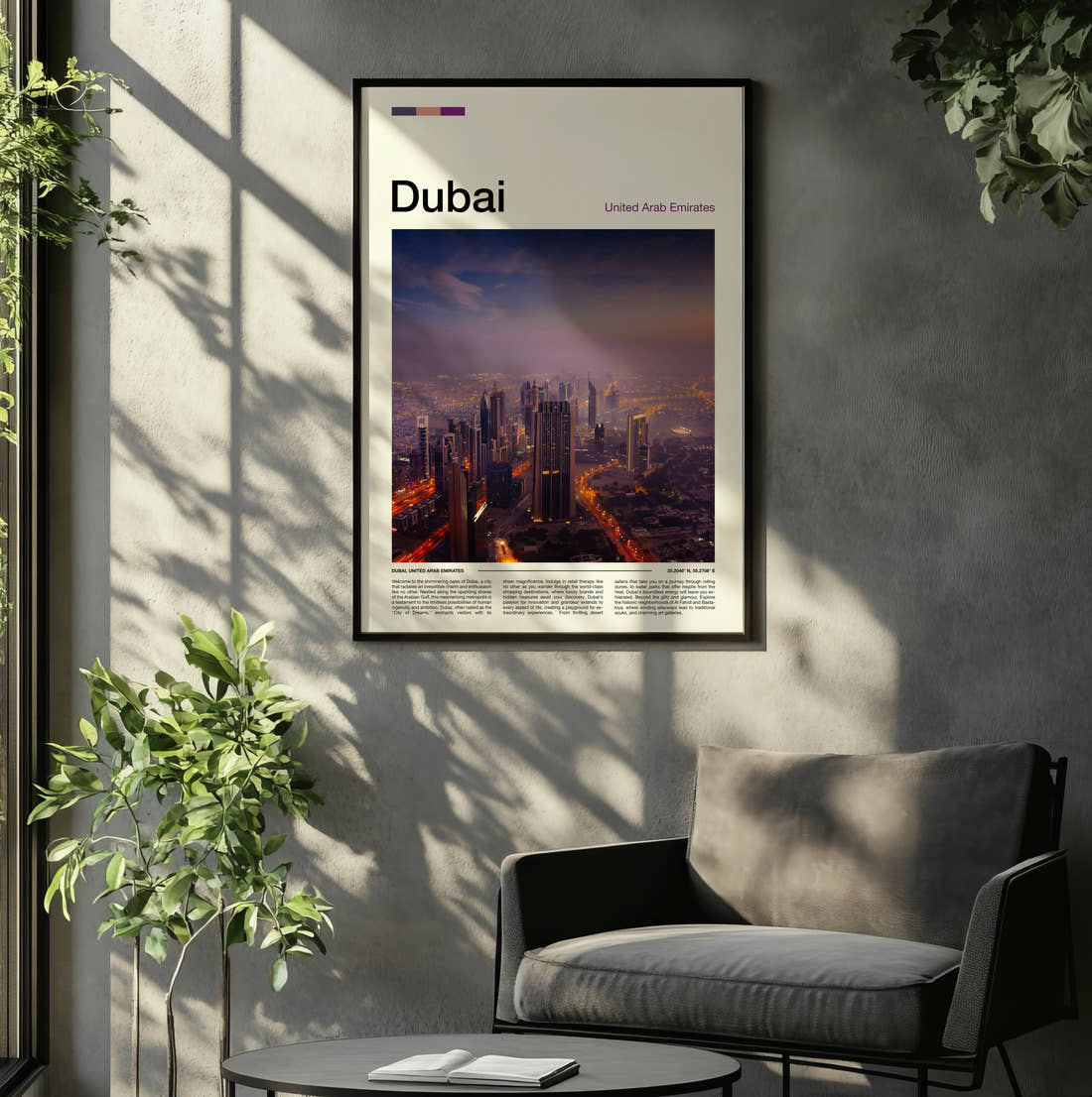 Dubai Night Skyline Travel Print framed on the wall of a relaxed living room