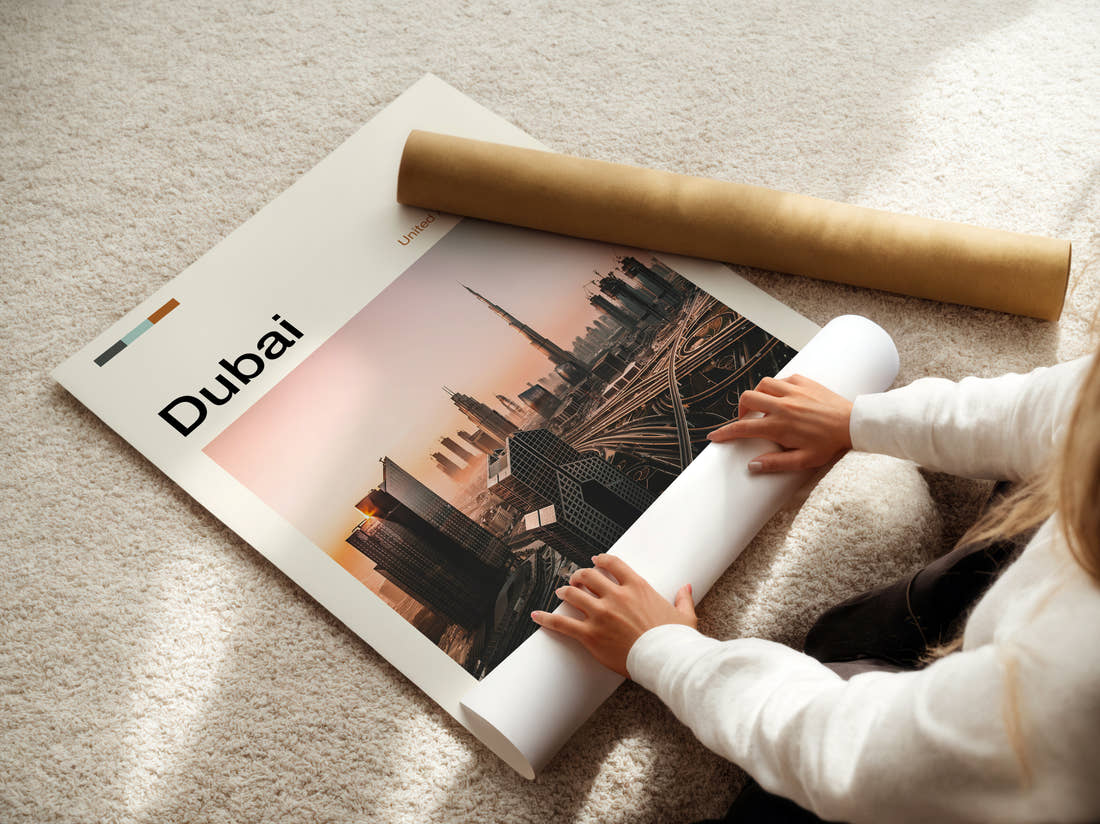 Dubai Skyline And Motorways Travel Print being unrolled from its postal tube