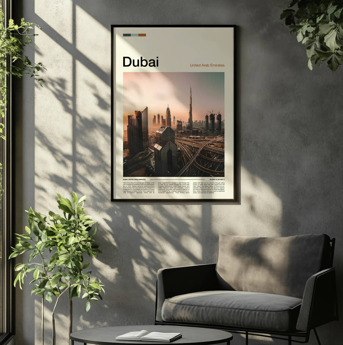 Dubai Skyline And Motorways Travel Print framed on the wall of a relaxed living room