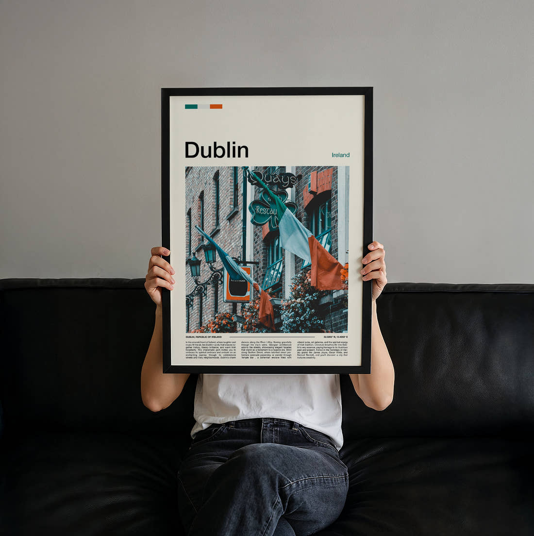 Dublin Irish Flags Travel Print held up by hand to show the size of the print