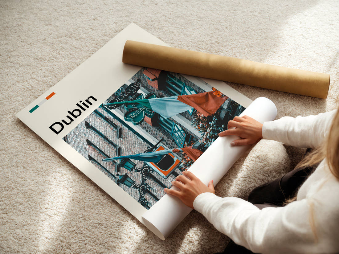 Dublin Irish Flags Travel Print being unrolled from its postal tube
