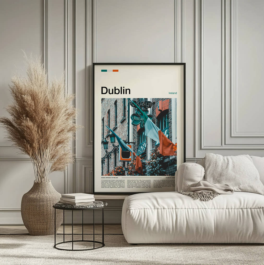 Dublin Irish Flags Travel Print framed on the wall of a calm, neutral bedroom