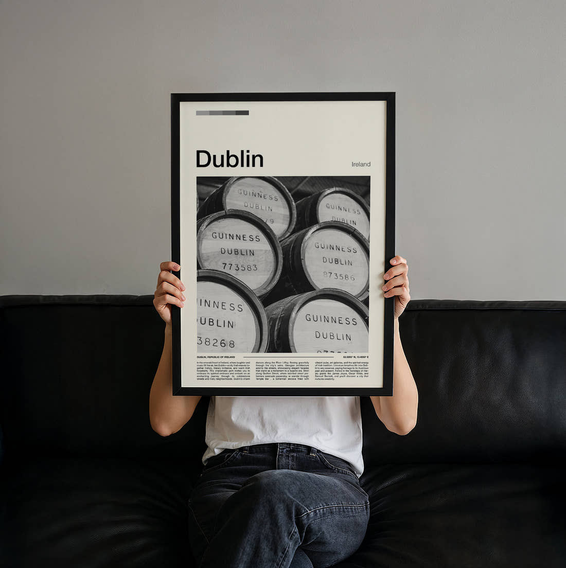 Dublin Guinness Barrels Travel Print held up by hand to show the size of the print