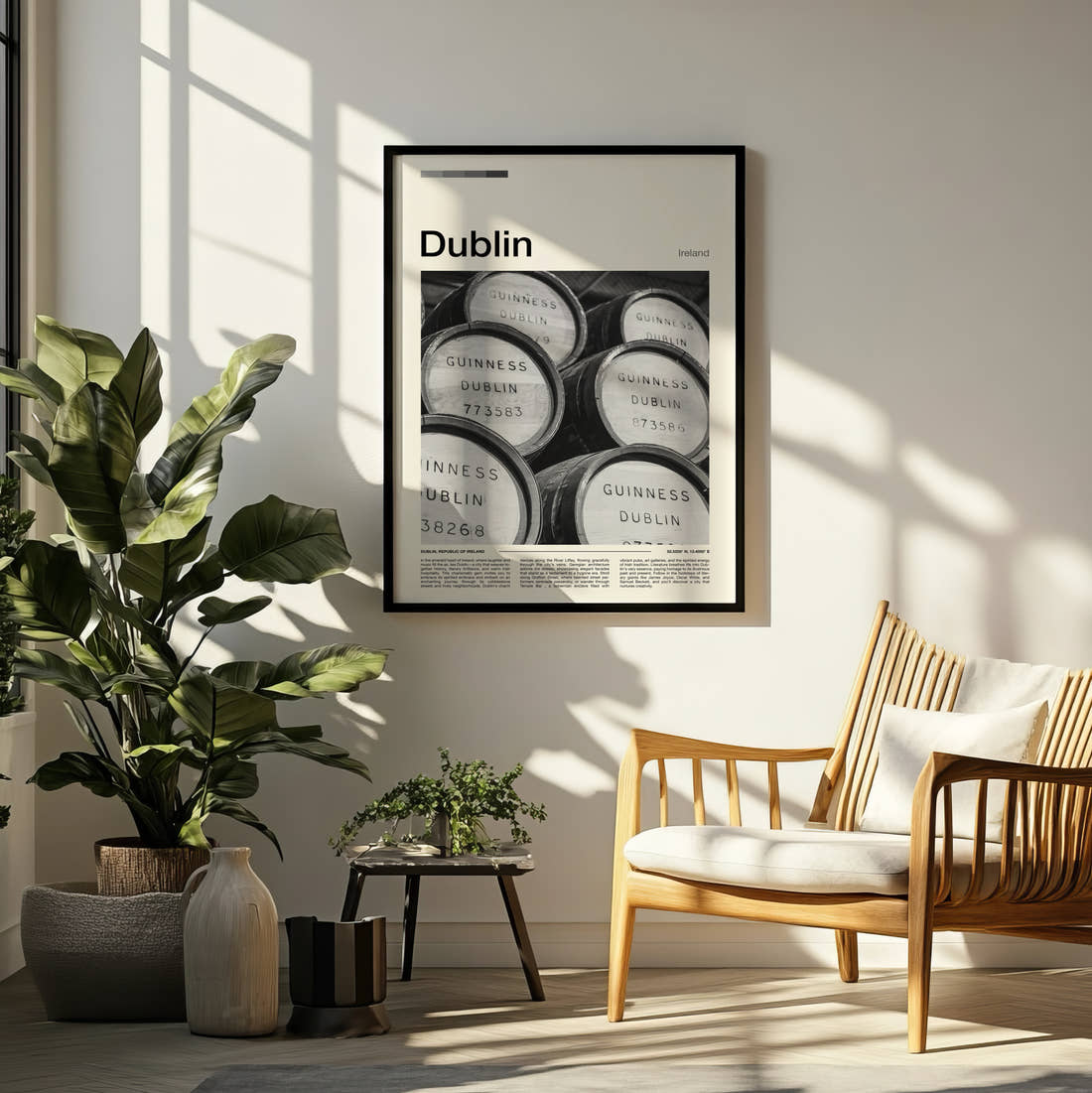 Dublin Guinness Barrels Travel Print framed on a pale wall beside houseplants