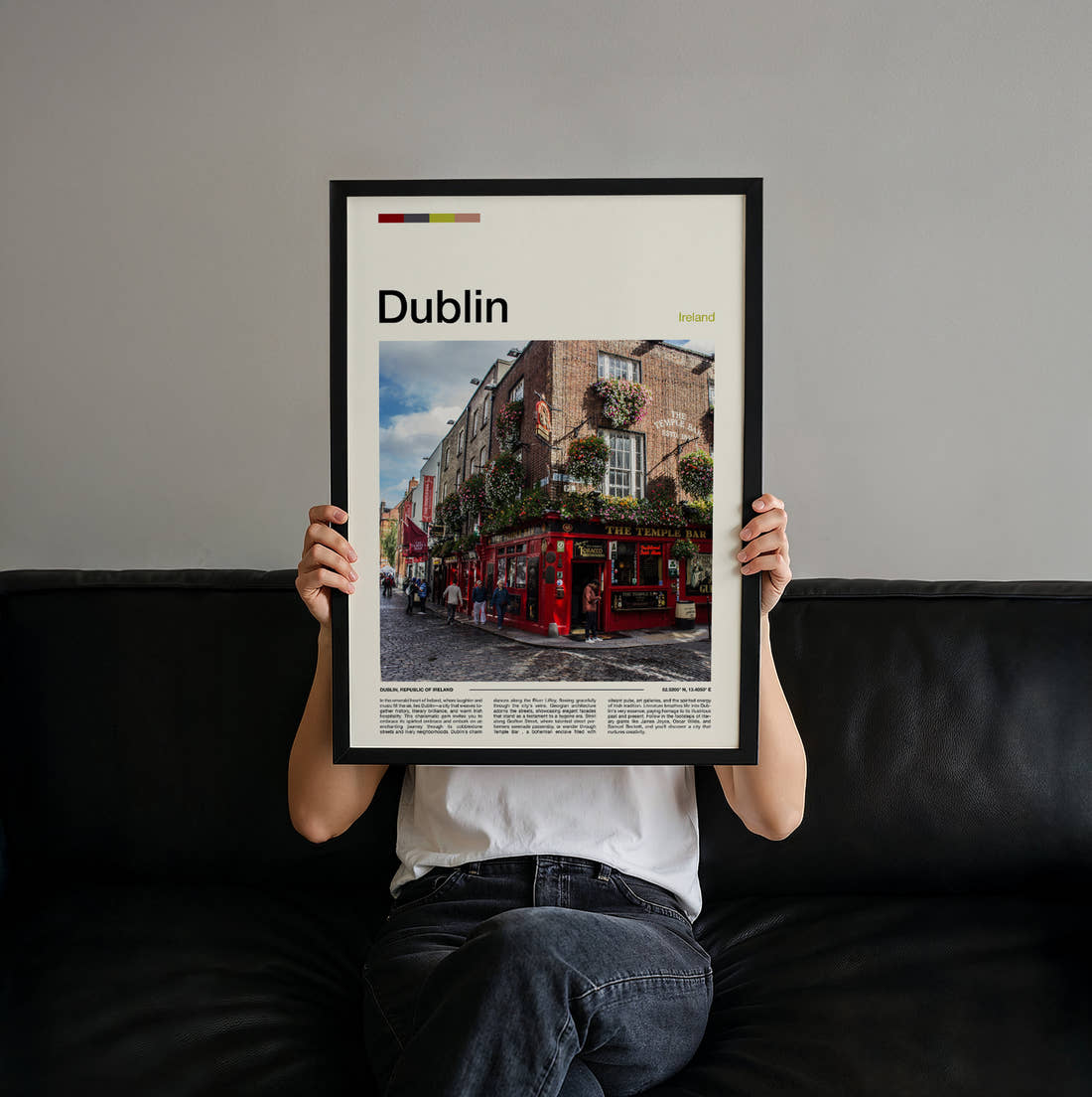 Dublin The Temple Bar Travel Print held up by hand to show the size of the print