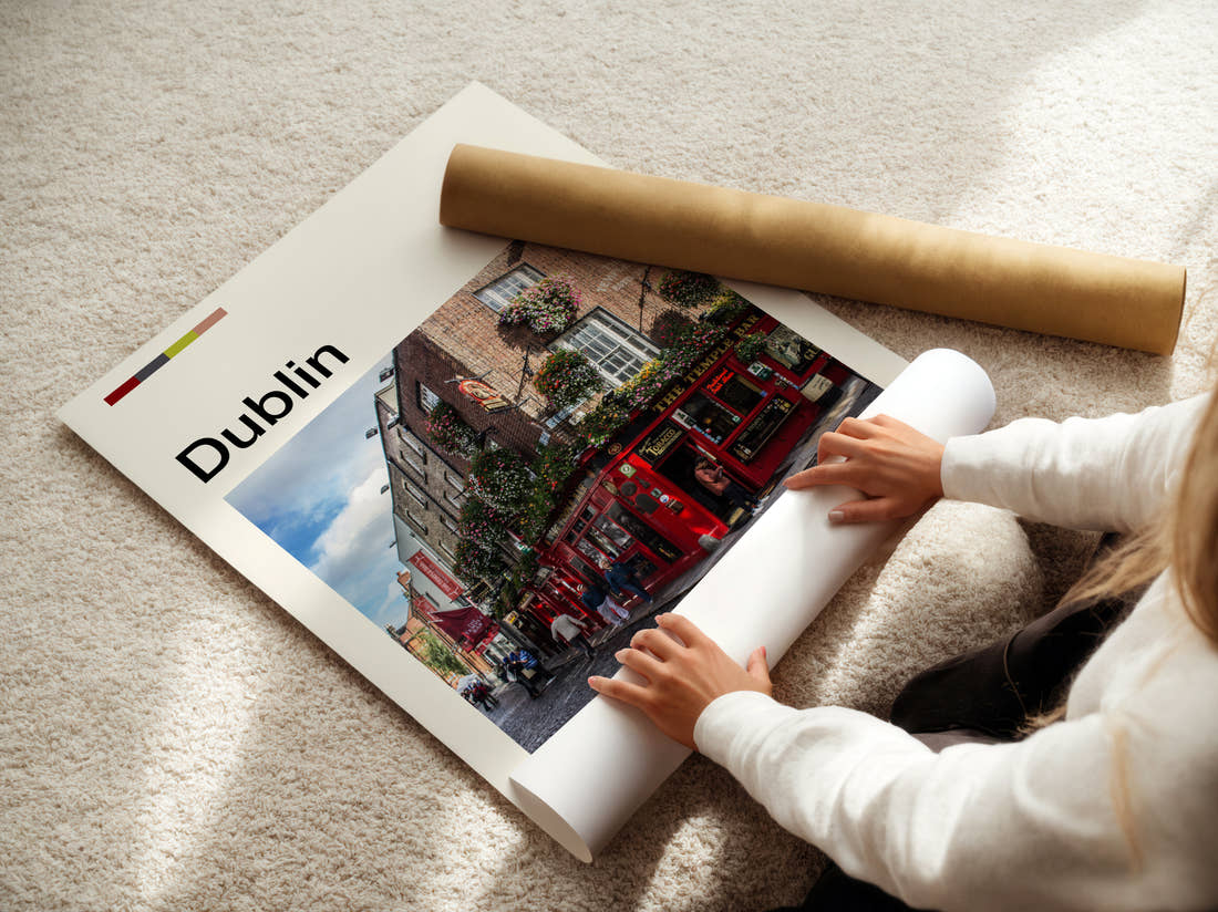 Dublin The Temple Bar Travel Print being unrolled from its postal tube