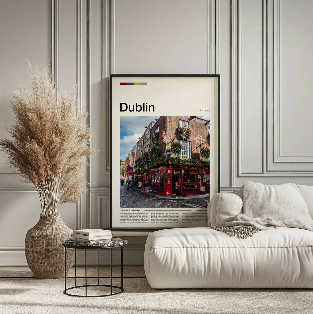Dublin The Temple Bar Travel Print framed on the wall of a calm, neutral bedroom
