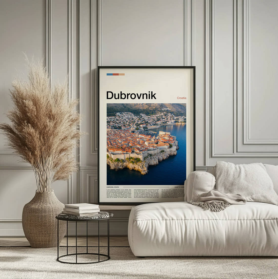Dubrovnik Old Town Rooftops Travel Print framed on the wall of a calm, neutral bedroom