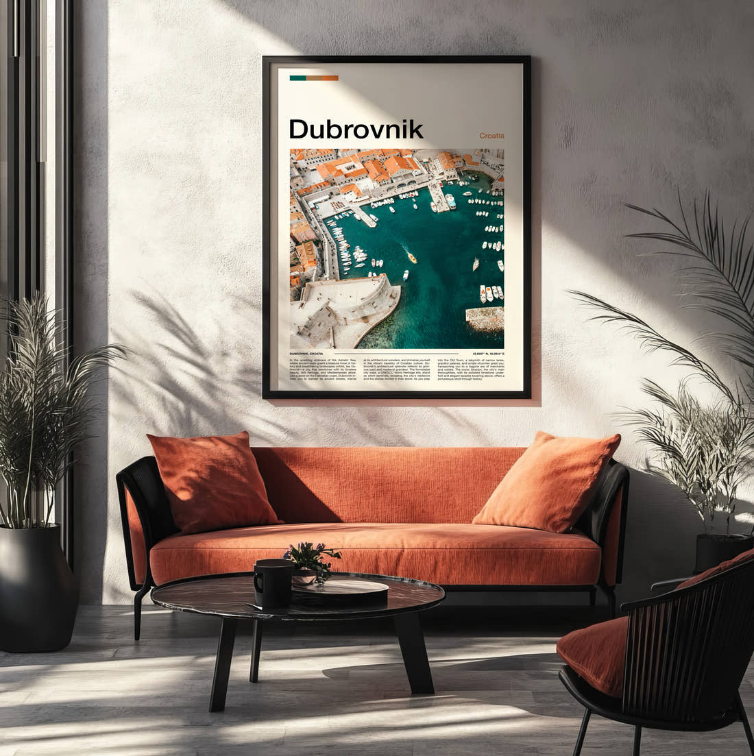 Dubrovnik Old Harbour Travel Print framed on the wall of a modern living room