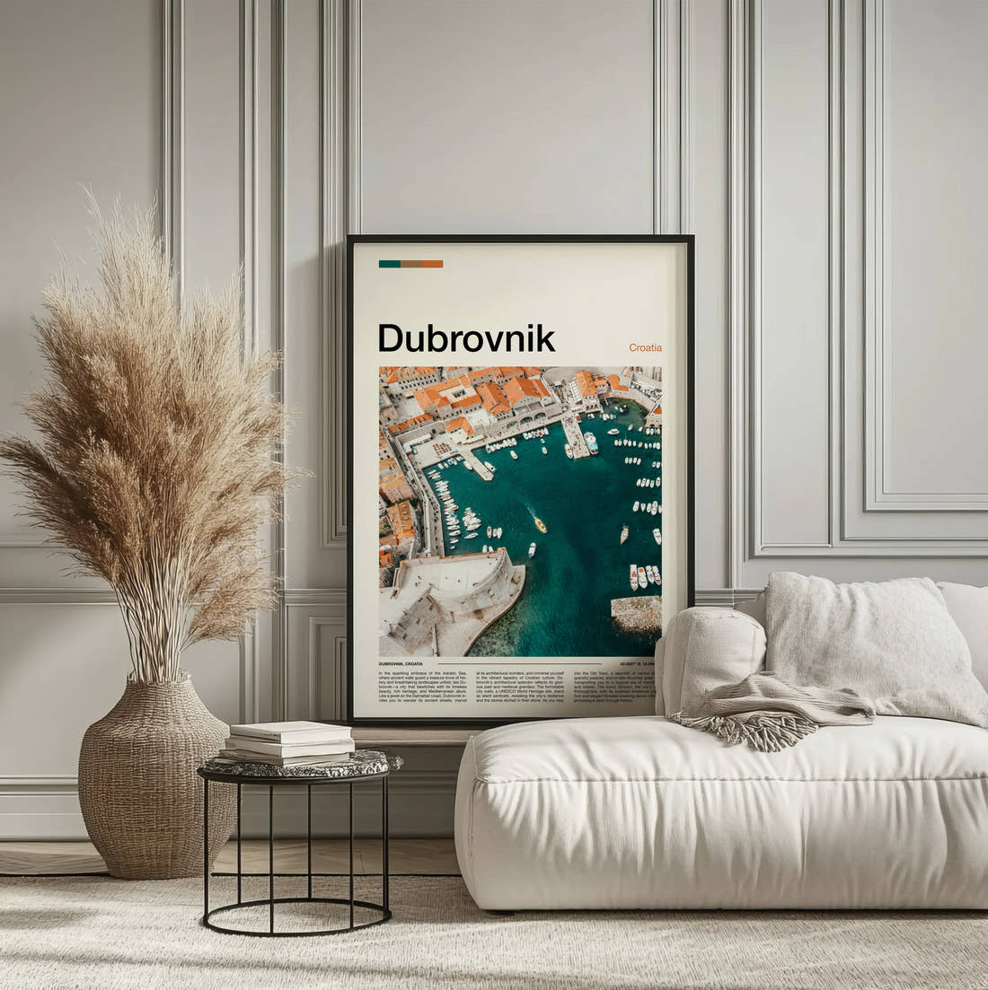 Dubrovnik Old Harbour Travel Print framed on the wall of a calm, neutral bedroom