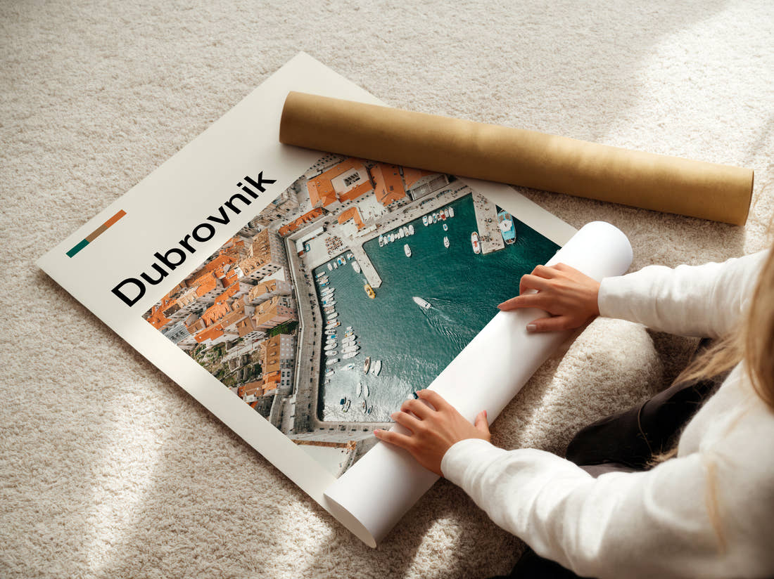 Dubrovnik Harbour From Above Travel Print being unrolled from its postal tube