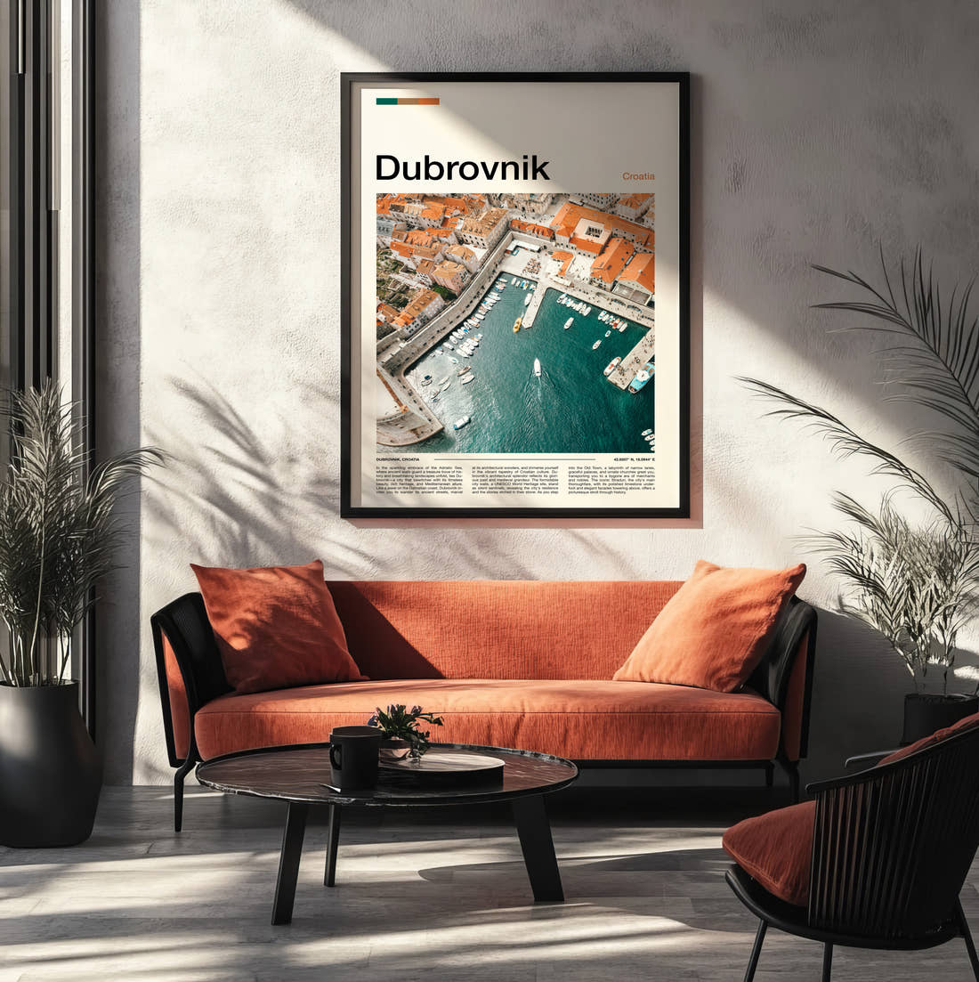 Dubrovnik Harbour From Above Travel Print framed on the wall of a modern living room