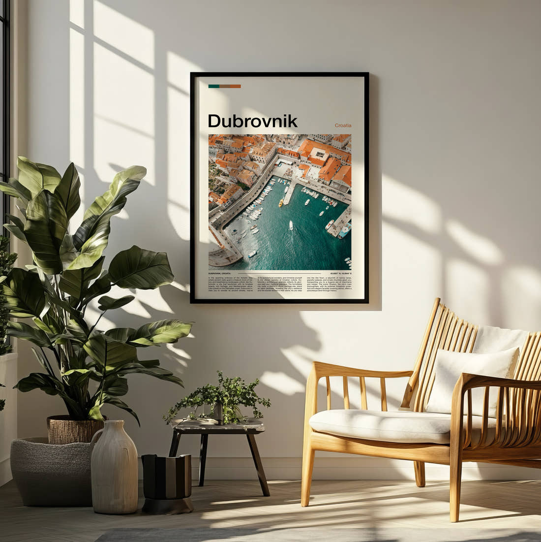 Dubrovnik Harbour From Above Travel Print framed on a pale wall beside houseplants