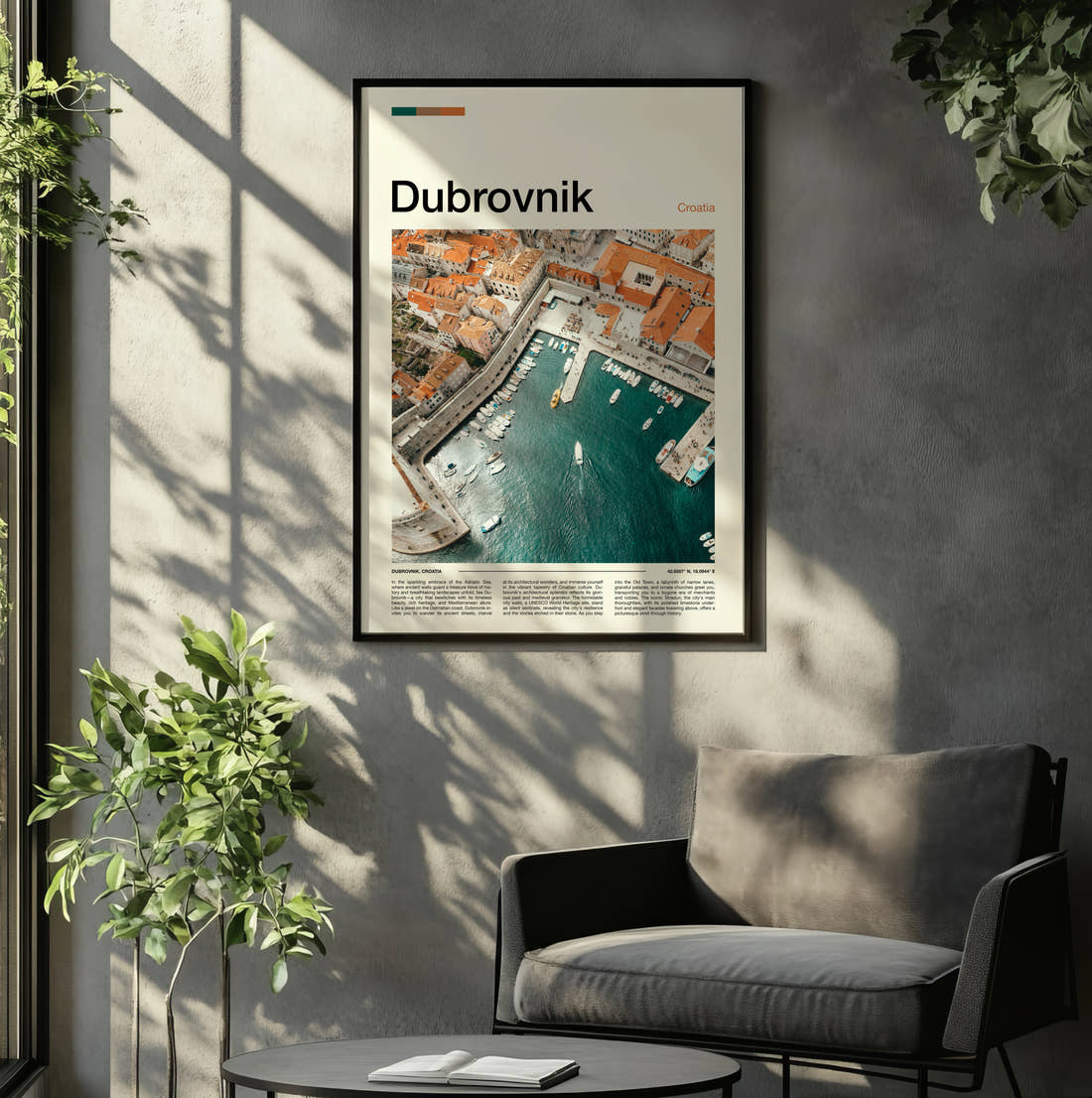Dubrovnik Harbour From Above Travel Print framed on the wall of a relaxed living room