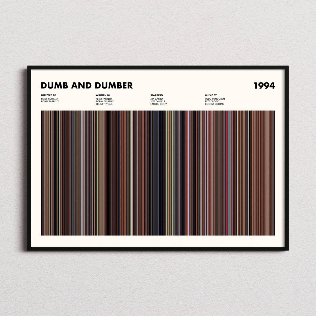 Dumb and Dumber Movie Barcode Poster framed and photographed straight on