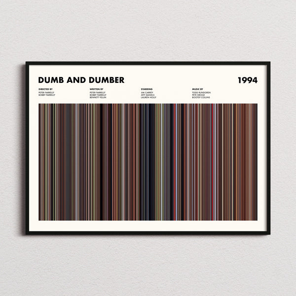 Dumb and Dumber Movie Barcode Poster framed and photographed straight on