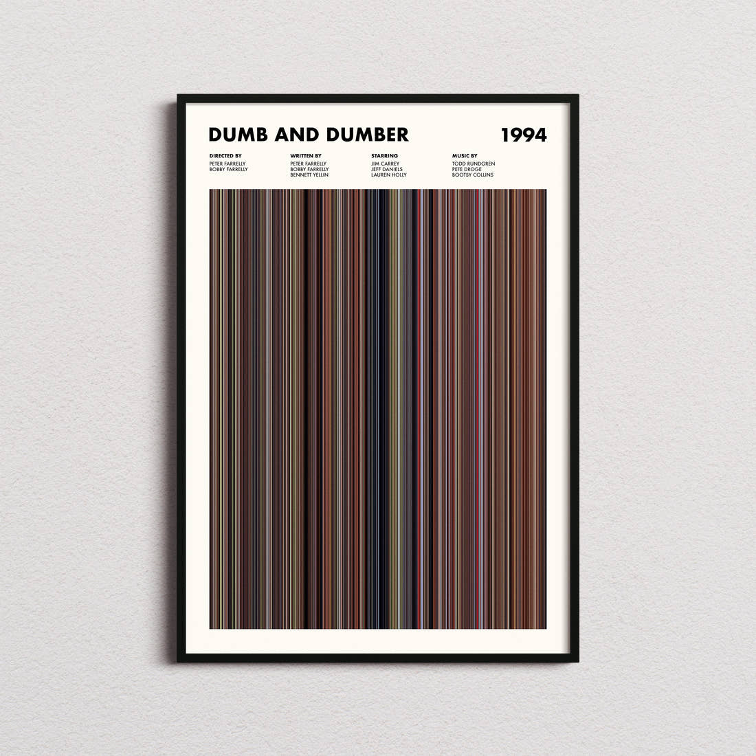 Dumb and Dumber Movie Barcode Poster framed on a plain studio wall