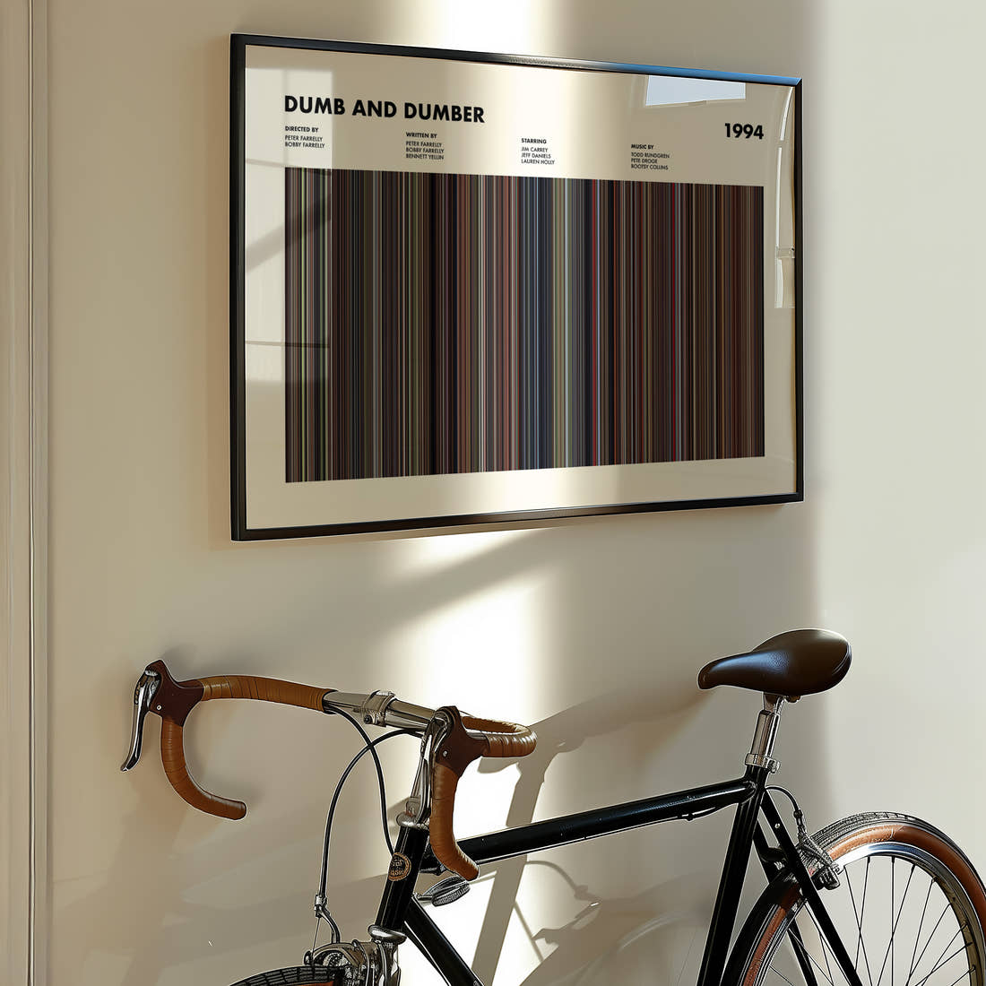 Dumb and Dumber Movie Barcode Poster framed on the wall of a styled room setting