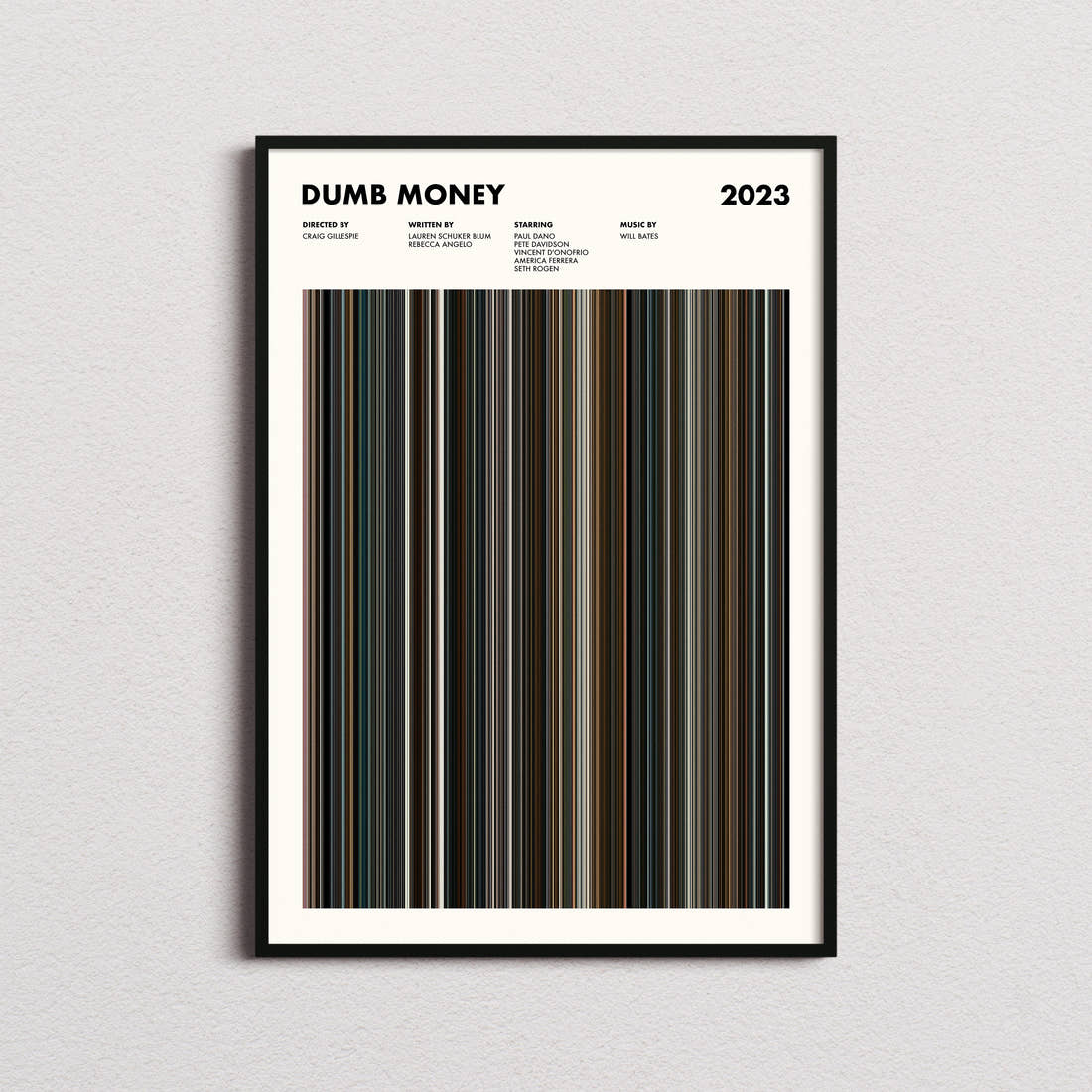 Dumb Money Movie Barcode Poster framed on a plain studio wall