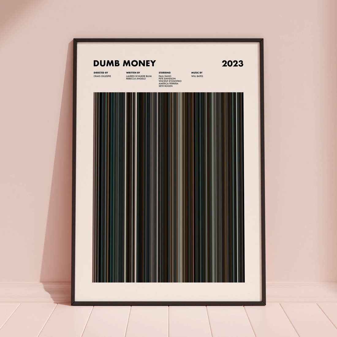 Dumb Money Movie Barcode Poster framed and leaning against a coloured wall
