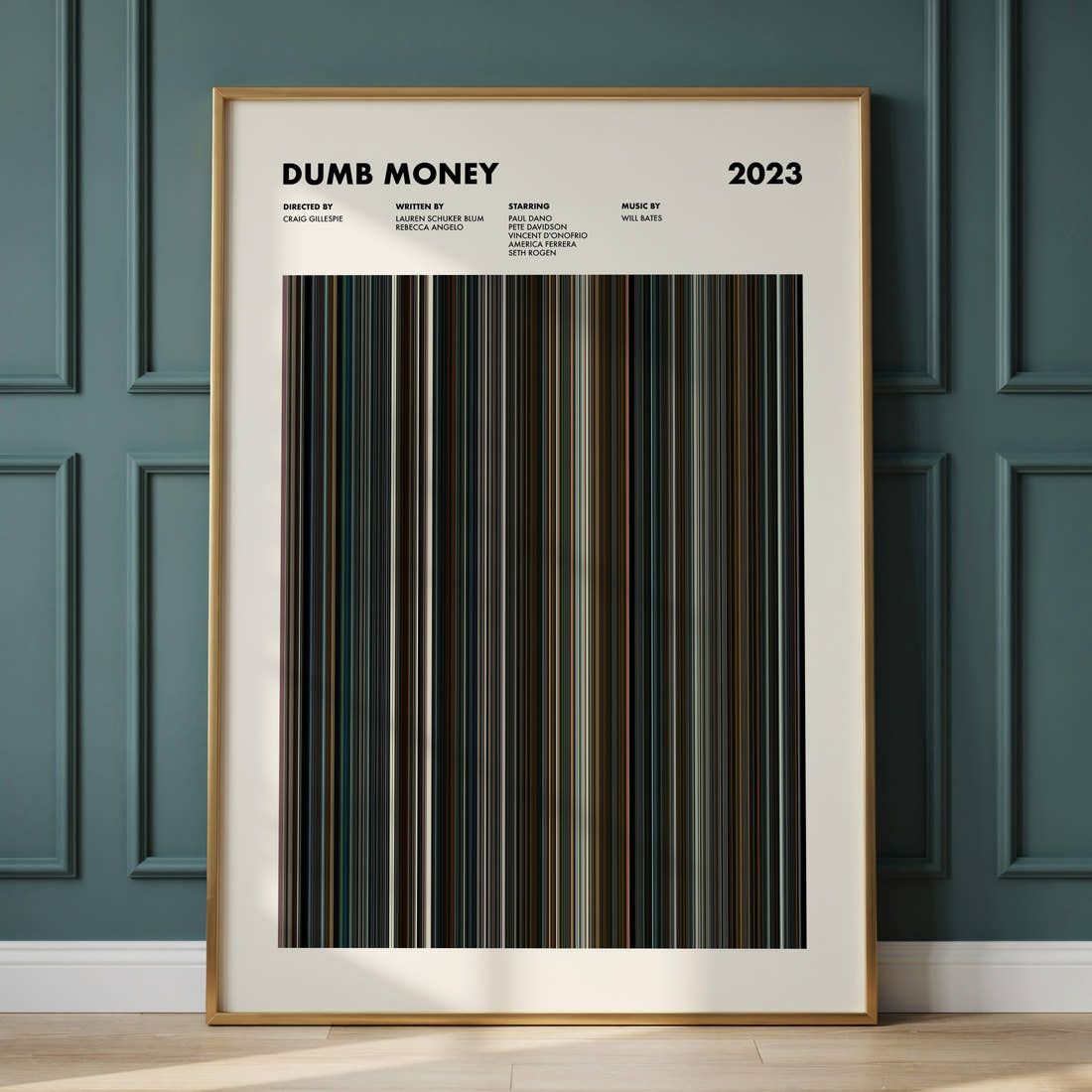 Dumb Money Movie Barcode Poster framed and leaning against a panelled wall