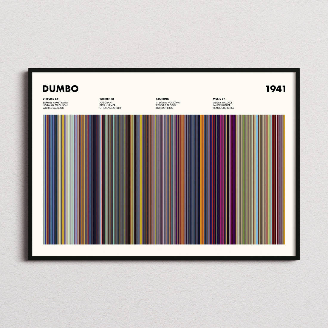 Dumbo Movie Barcode Poster framed and photographed straight on