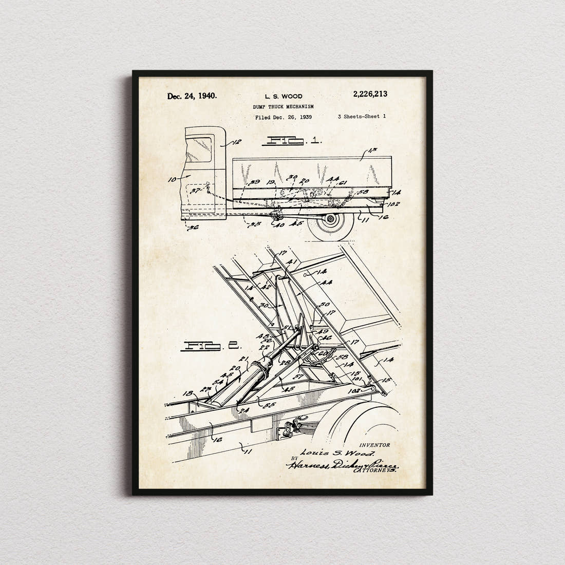 Dump Truck Patent Print in the aged paper colourway, framed