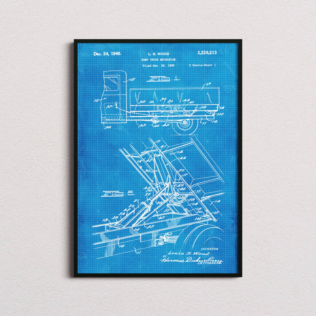 Dump Truck Patent Print in the blueprint colourway, framed