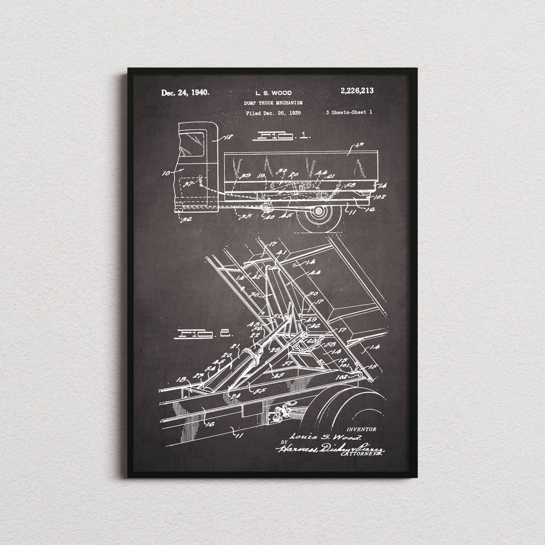 Dump Truck Patent Print in the blackboard colourway, framed