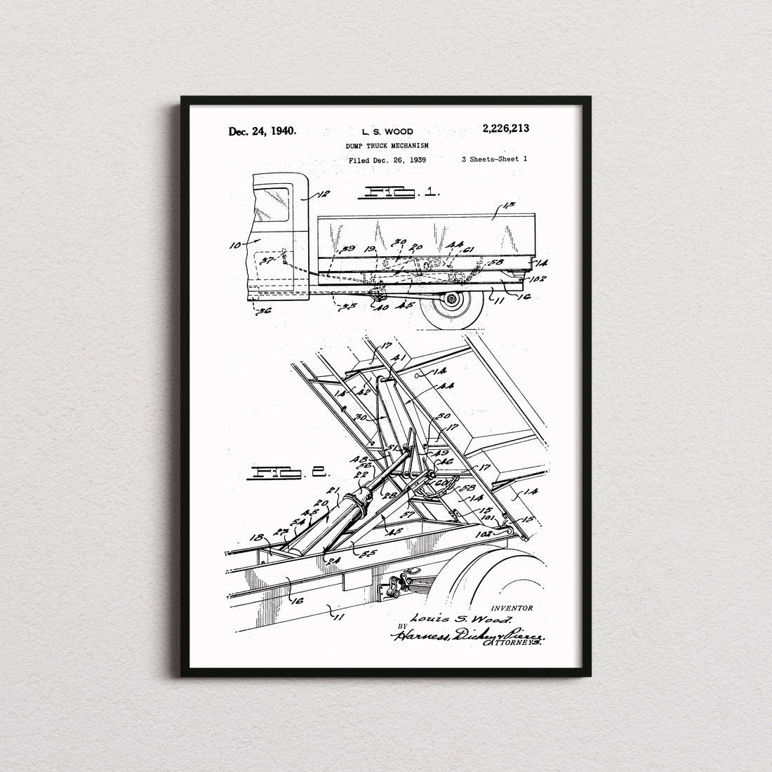 Dump Truck Patent Print in the white colourway, framed