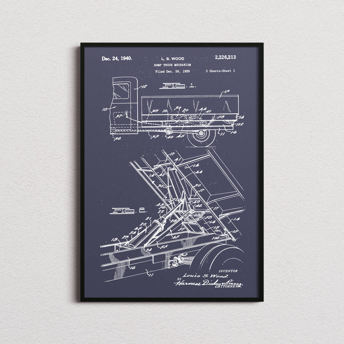 Dump Truck Patent Print in the navy colourway, framed