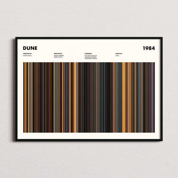 Dune 1984 Movie Barcode Poster framed and photographed straight on
