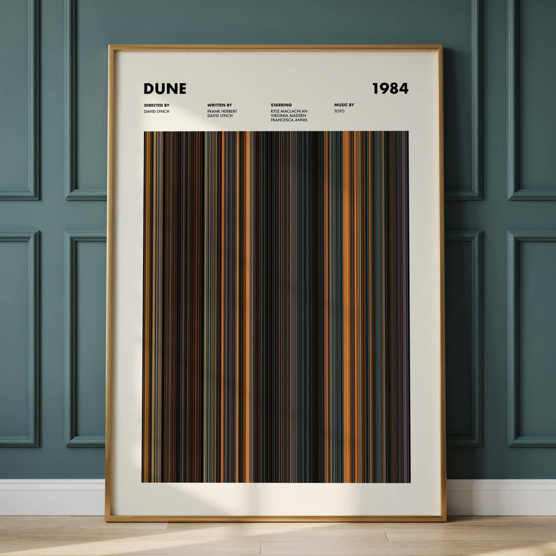 Dune 1984 Movie Barcode Poster framed and leaning against a panelled wall