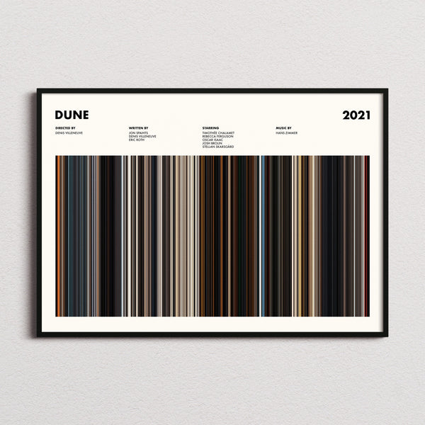 Dune 2021 Movie Barcode Poster framed and photographed straight on